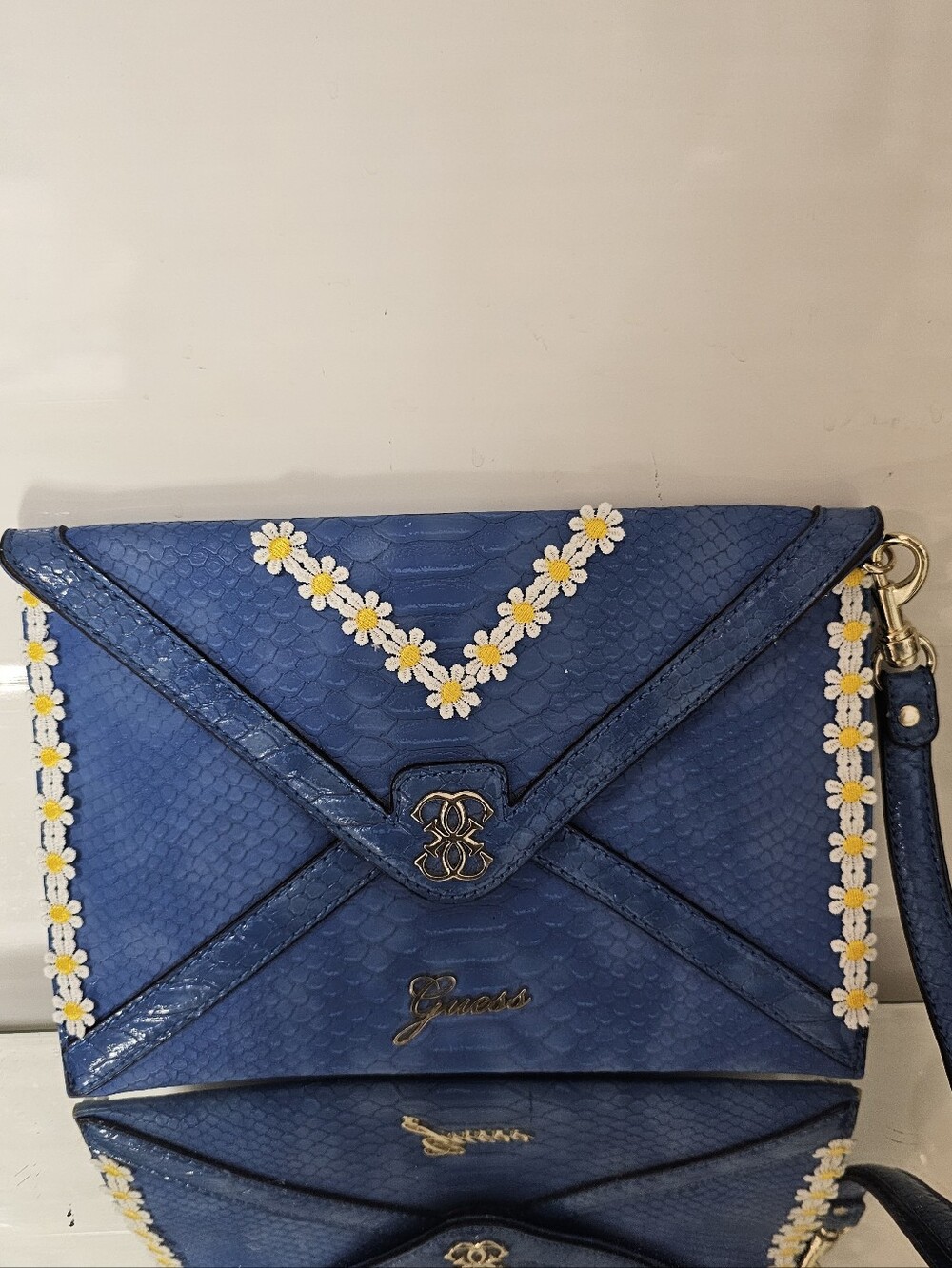 Guess Blue Daisy-Trim Envelope Clutch